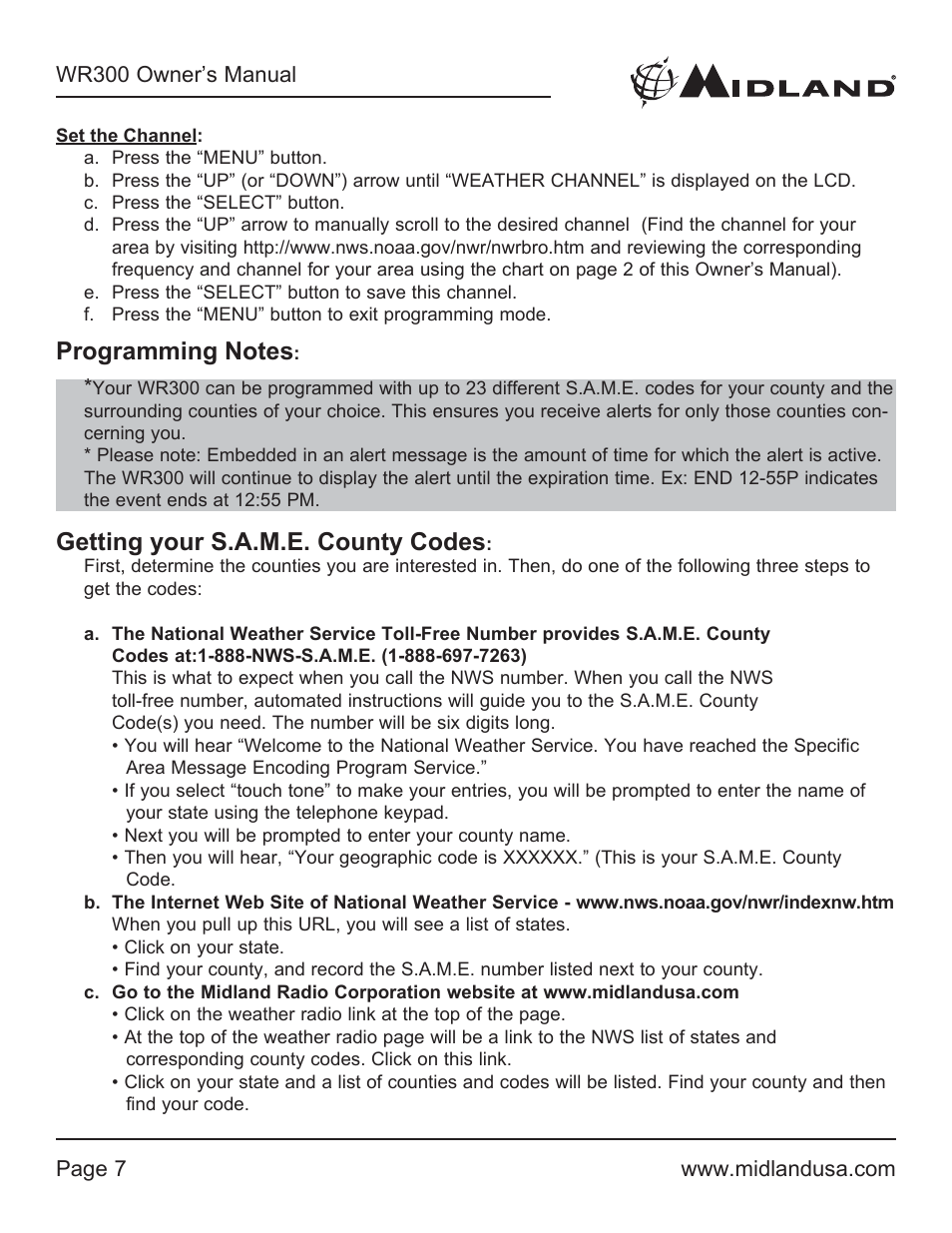 Set the channel, Programming notes, Getting your s.a.m.e. county codes | MIDLAND WR300 User Manual | Page 7 / 24