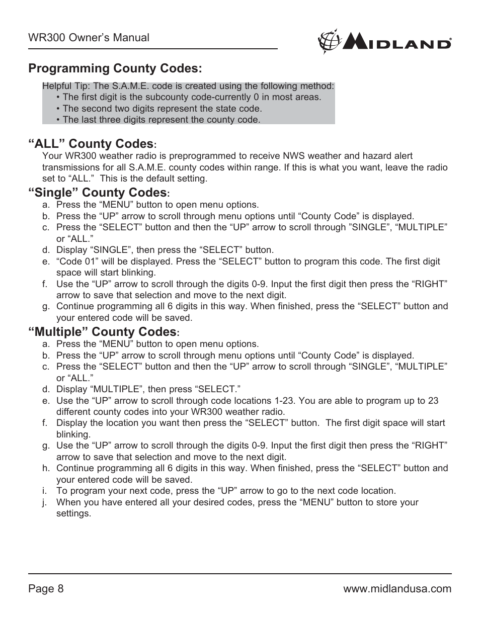 Programming county codes, All” county codes, Single” county codes | Multiple” county codes | MIDLAND WR300 User Manual | Page 8 / 24