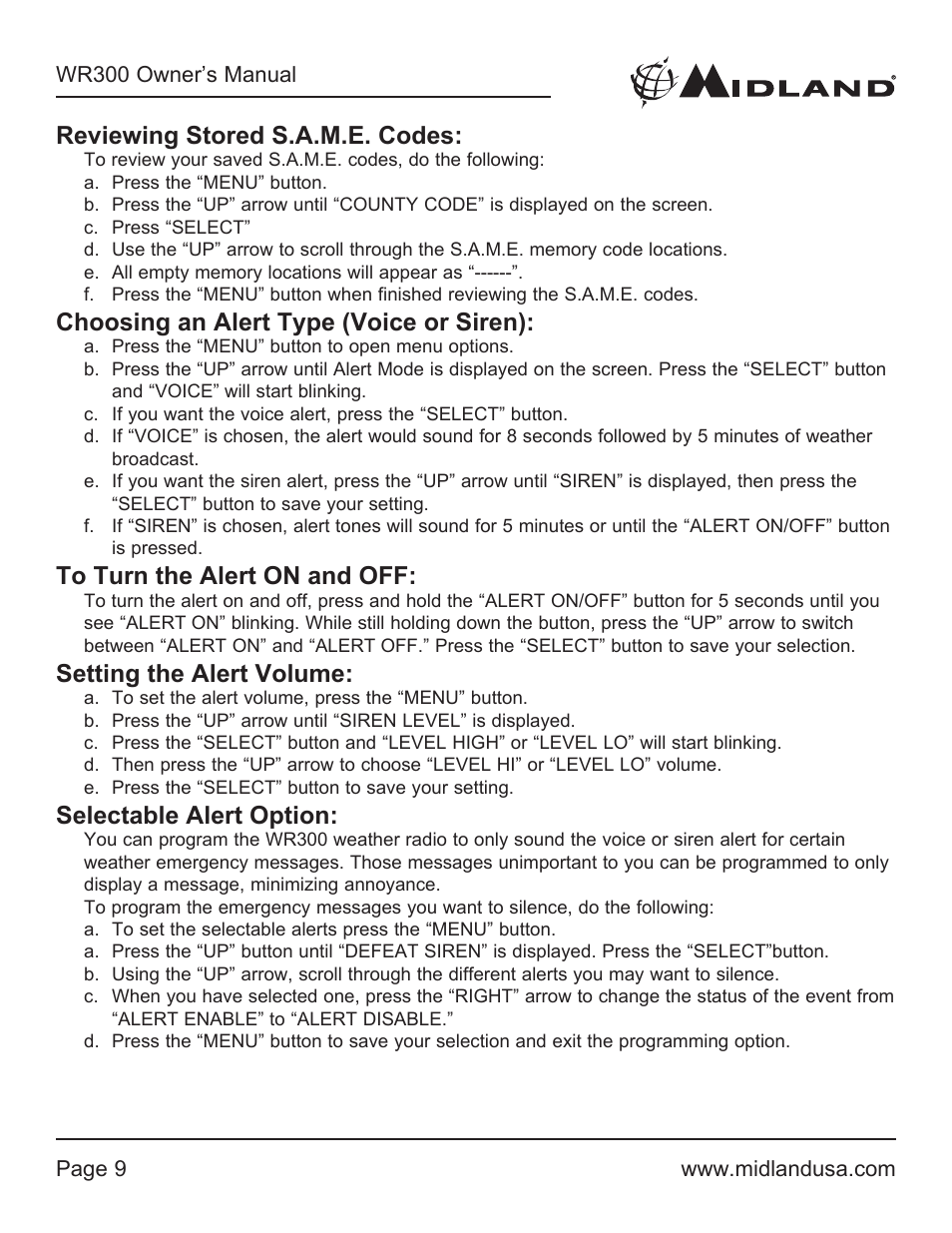 Reviewing stored s.a.m.e. codes, Choosing an alert type (voice or siren), To turn the alert on and off | Setting the alert volume, Selectable alert option | MIDLAND WR300 User Manual | Page 9 / 24