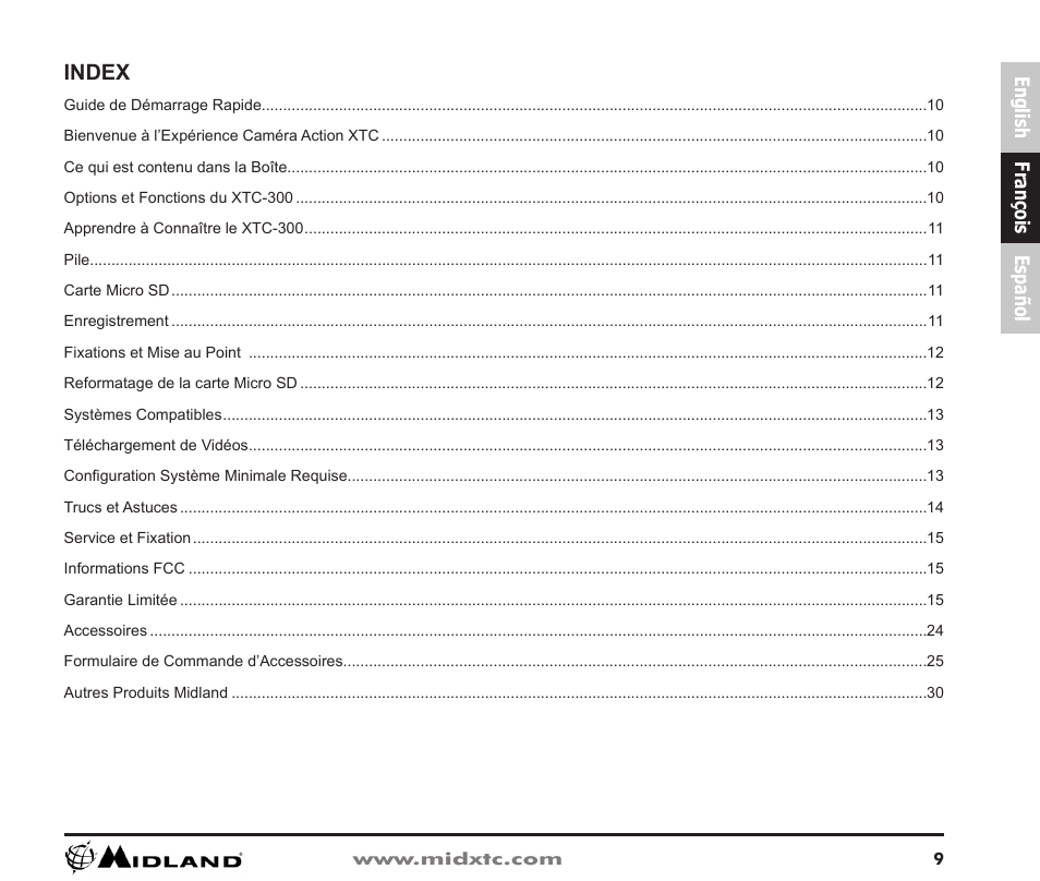 François, Index | Midland Radio XTC Wearable Video Camera XTC300 User Manual | Page 10 / 28
