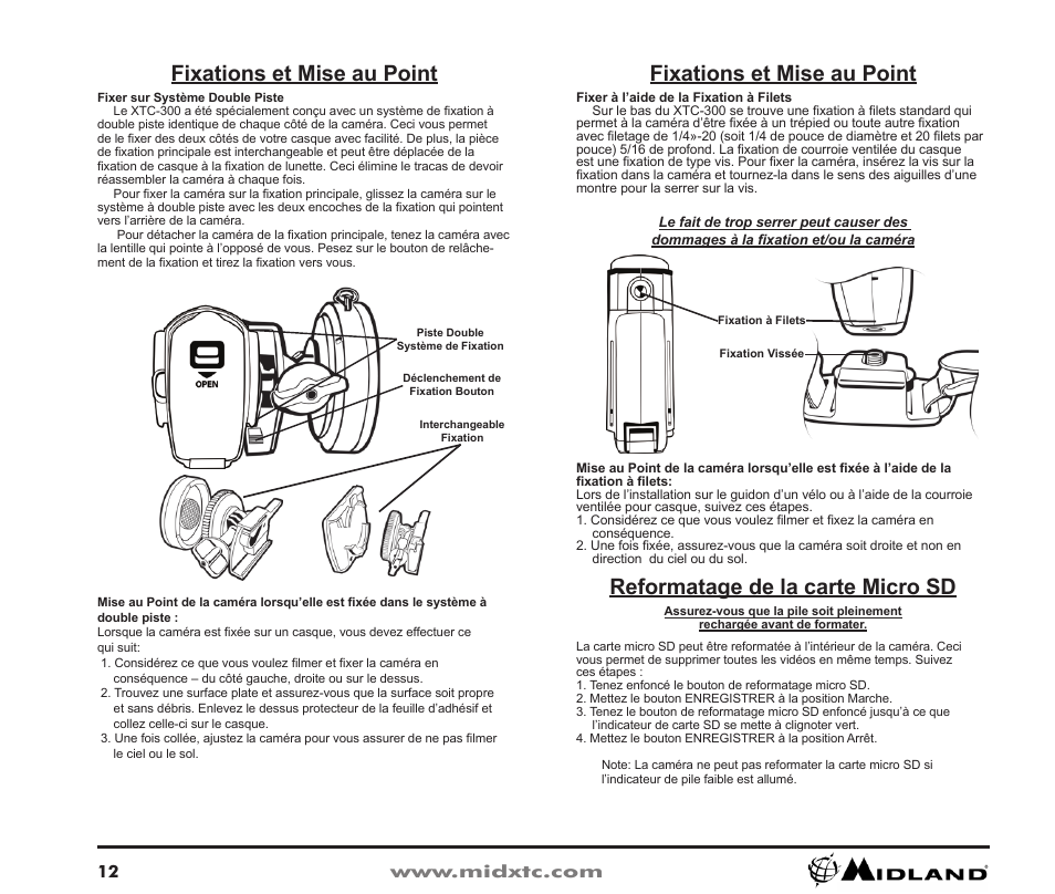 Fixations et mise au point, Reformatage de la carte micro sd | Midland Radio XTC Wearable Video Camera XTC300 User Manual | Page 13 / 28