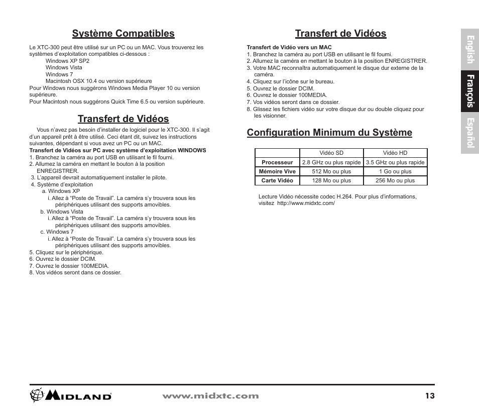 Système compatibles, Transfert de vidéos, Configuration minimum du système | English françois español | Midland Radio XTC Wearable Video Camera XTC300 User Manual | Page 14 / 28