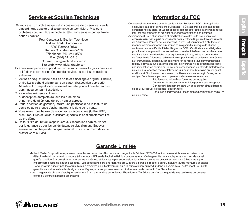 Service et soutien technique, Garantie limitée, Information du fcc | English françois español | Midland Radio XTC Wearable Video Camera XTC300 User Manual | Page 16 / 28