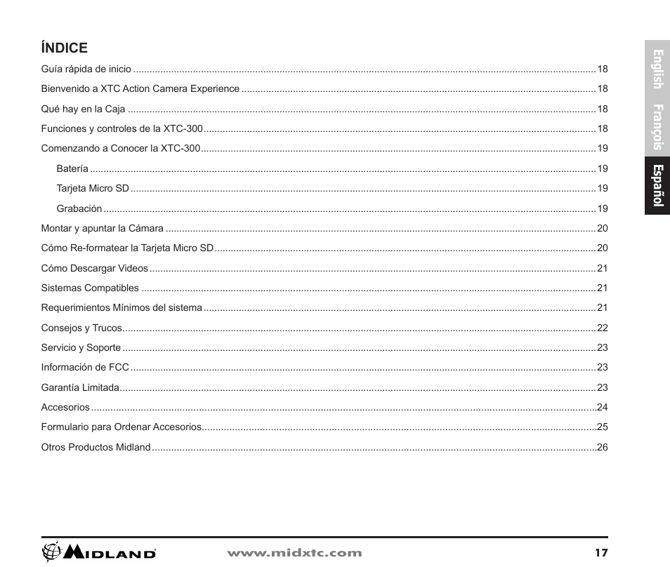 Español, Índice | Midland Radio XTC Wearable Video Camera XTC300 User Manual | Page 18 / 28