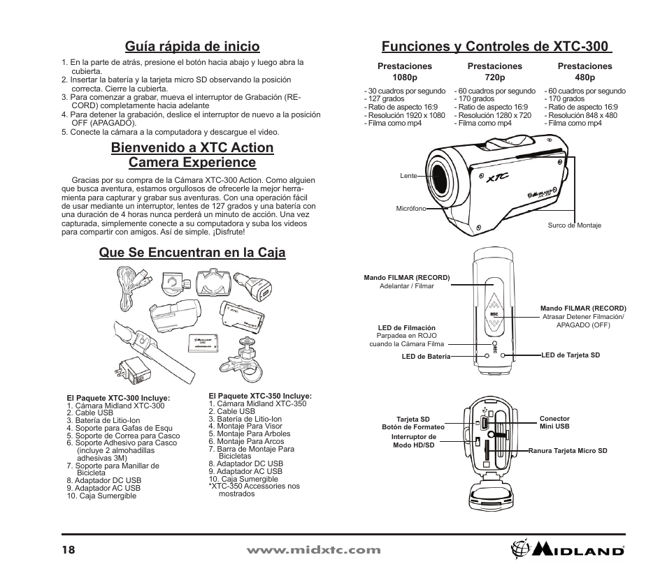 Funciones y controles de xtc-300, Que se encuentran en la caja, Guía rápida de inicio | Bienvenido a xtc action camera experience | Midland Radio XTC Wearable Video Camera XTC300 User Manual | Page 19 / 28