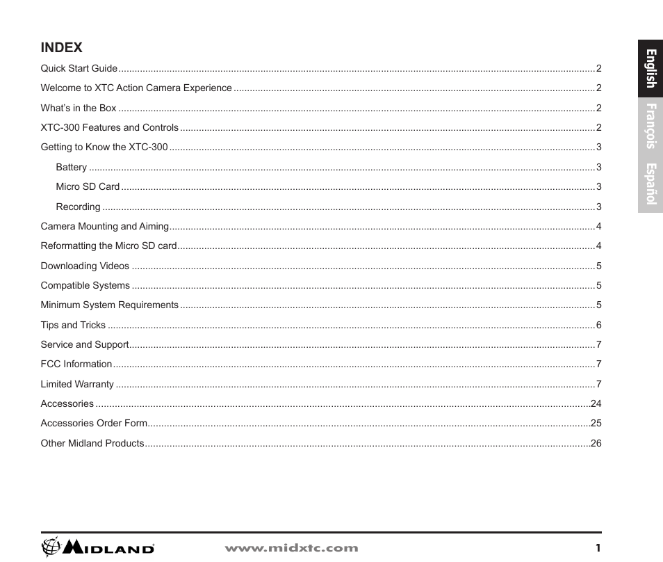 English, Index | Midland Radio XTC Wearable Video Camera XTC300 User Manual | Page 2 / 28