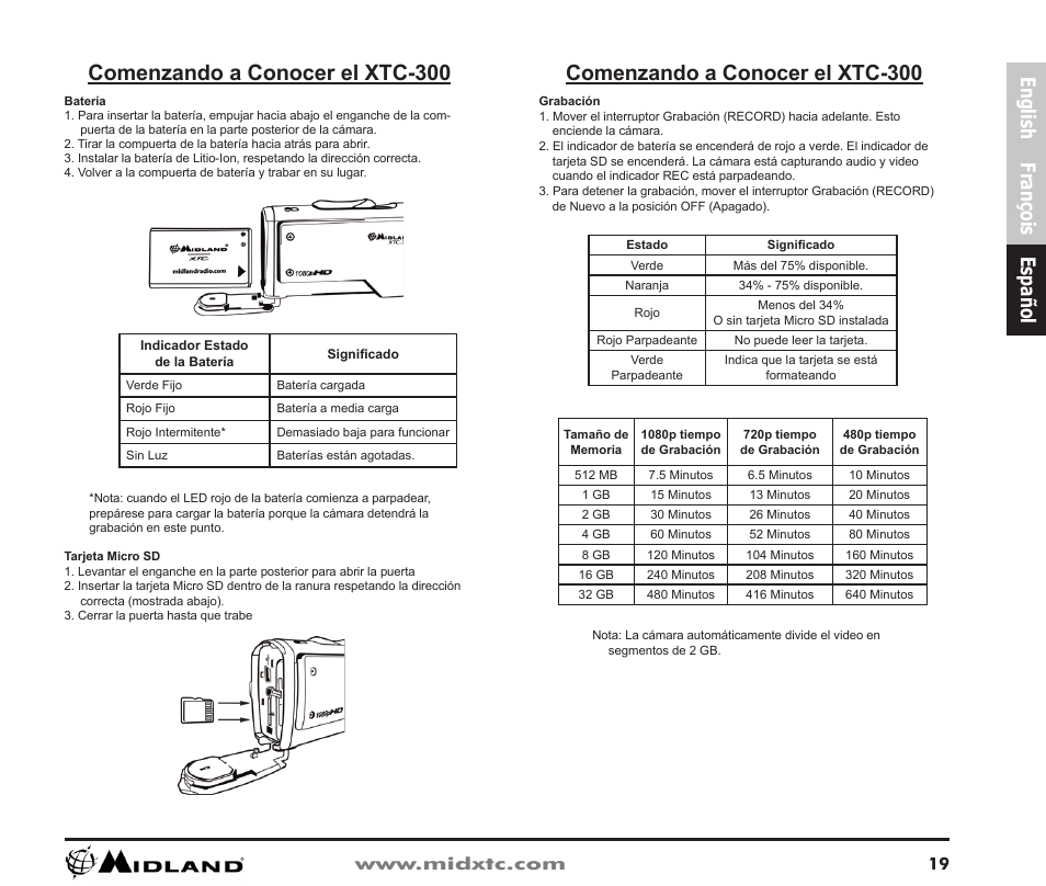 Comenzando a conocer el xtc-300, English françois español | Midland Radio XTC Wearable Video Camera XTC300 User Manual | Page 20 / 28