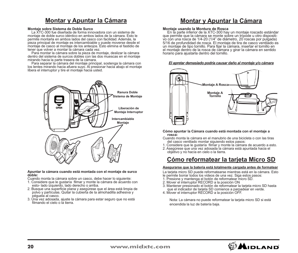 Montar y apuntar la cámara, Cómo reformatear la tarjeta micro sd | Midland Radio XTC Wearable Video Camera XTC300 User Manual | Page 21 / 28