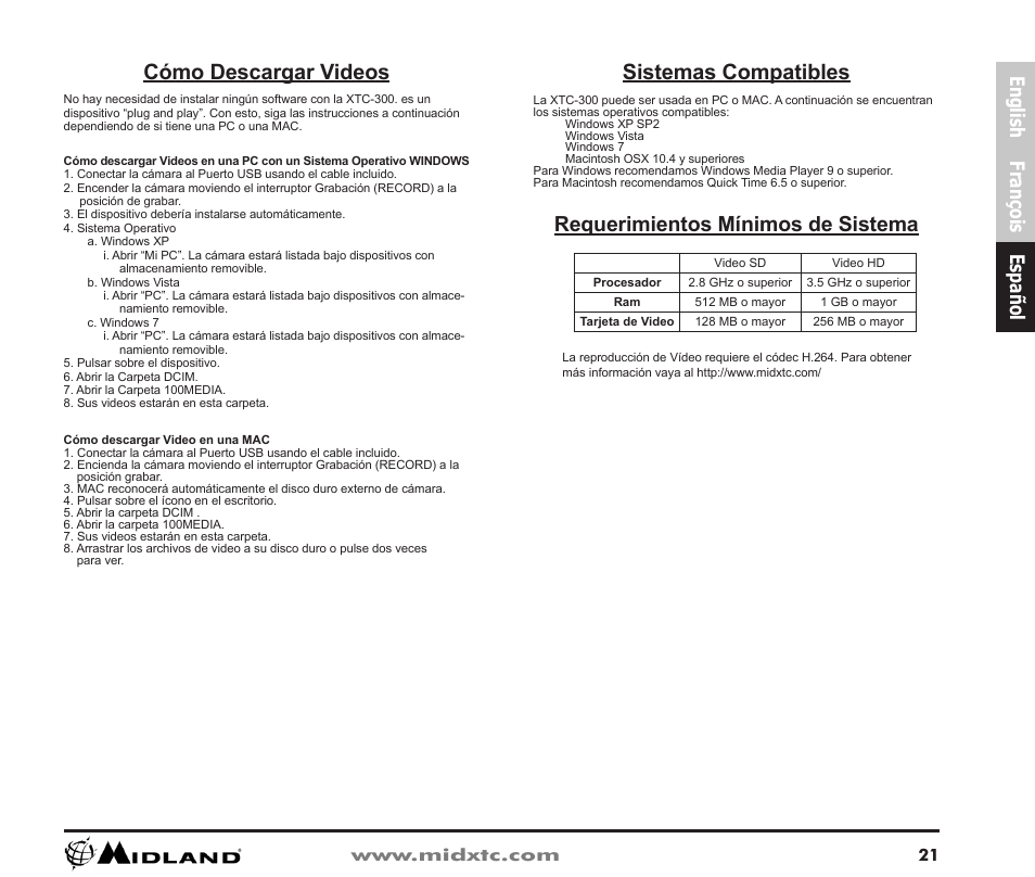 Cómo descargar videos, Sistemas compatibles, Requerimientos mínimos de sistema | English françois español | Midland Radio XTC Wearable Video Camera XTC300 User Manual | Page 22 / 28