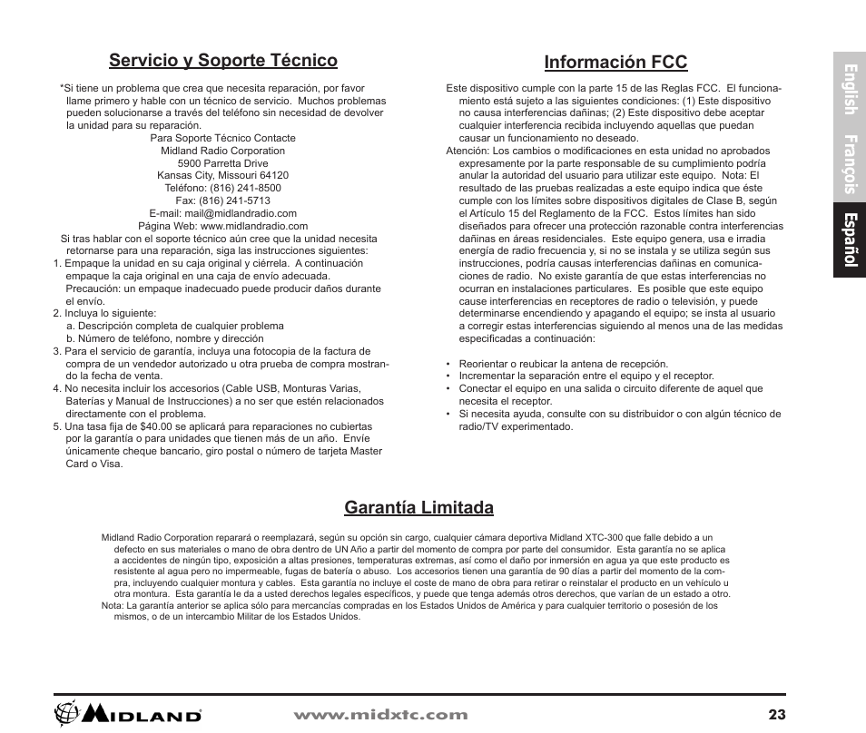 Servicio y soporte técnico, Garantía limitada, Información fcc | English françois español | Midland Radio XTC Wearable Video Camera XTC300 User Manual | Page 24 / 28