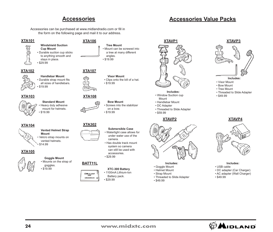 Accessories value packs, Accessories | Midland Radio XTC Wearable Video Camera XTC300 User Manual | Page 25 / 28