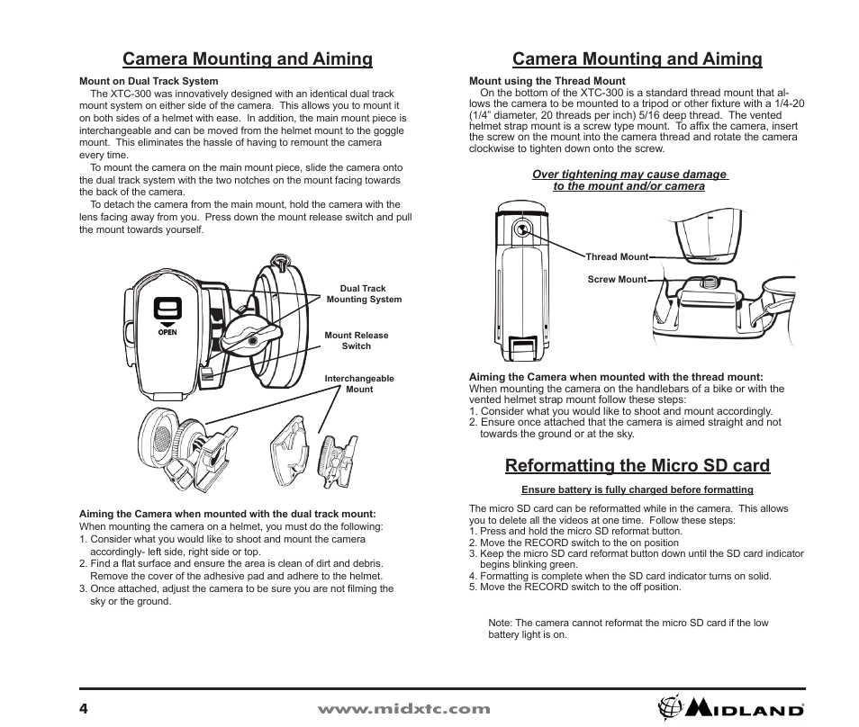 Camera mounting and aiming, Reformatting the micro sd card | Midland Radio XTC Wearable Video Camera XTC300 User Manual | Page 5 / 28