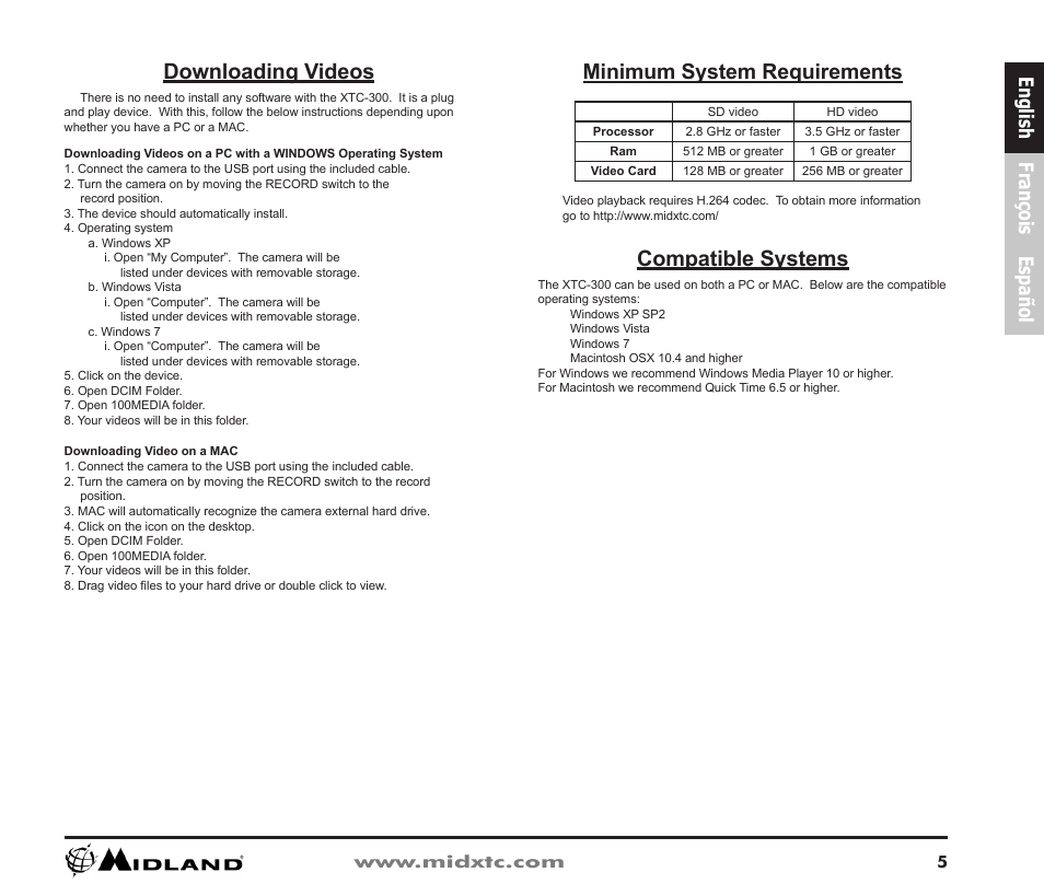 Compatible systems, Downloading videos, Minimum system requirements | English françois español | Midland Radio XTC Wearable Video Camera XTC300 User Manual | Page 6 / 28