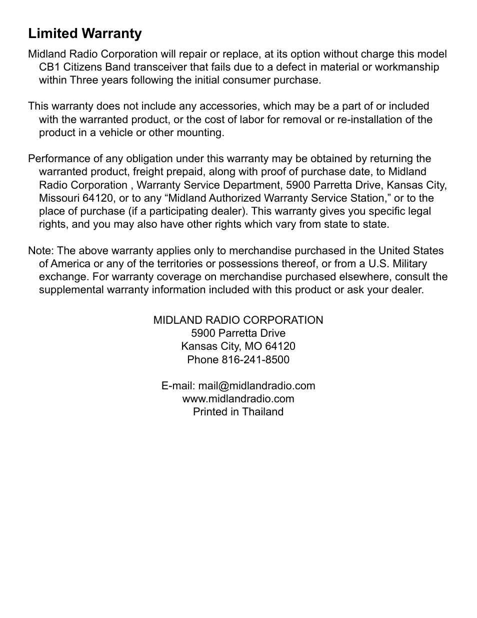 Limited warranty | MIDLAND CB1 User Manual | Page 11 / 36