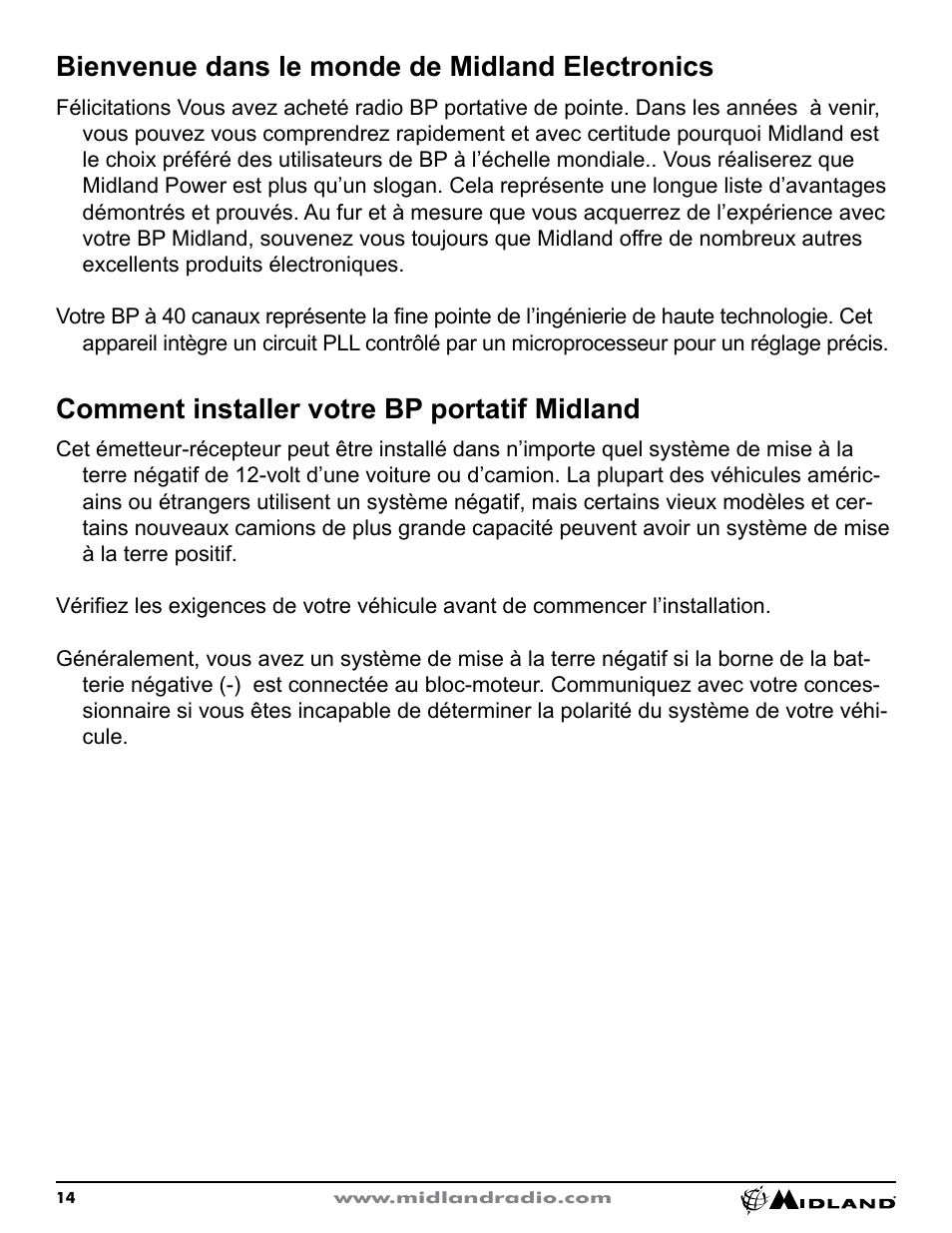 Bienvenue dans le monde de midland electronics, Comment installer votre midland mobile bp, Comment installer votre bp portatif midland | MIDLAND CB1 User Manual | Page 15 / 36