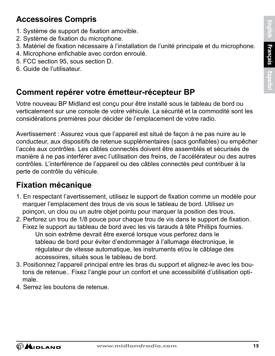 Accessoires compris, Comment repérer votre émetteur-récepteur bp, Fixation mécanique | MIDLAND CB1 User Manual | Page 16 / 36