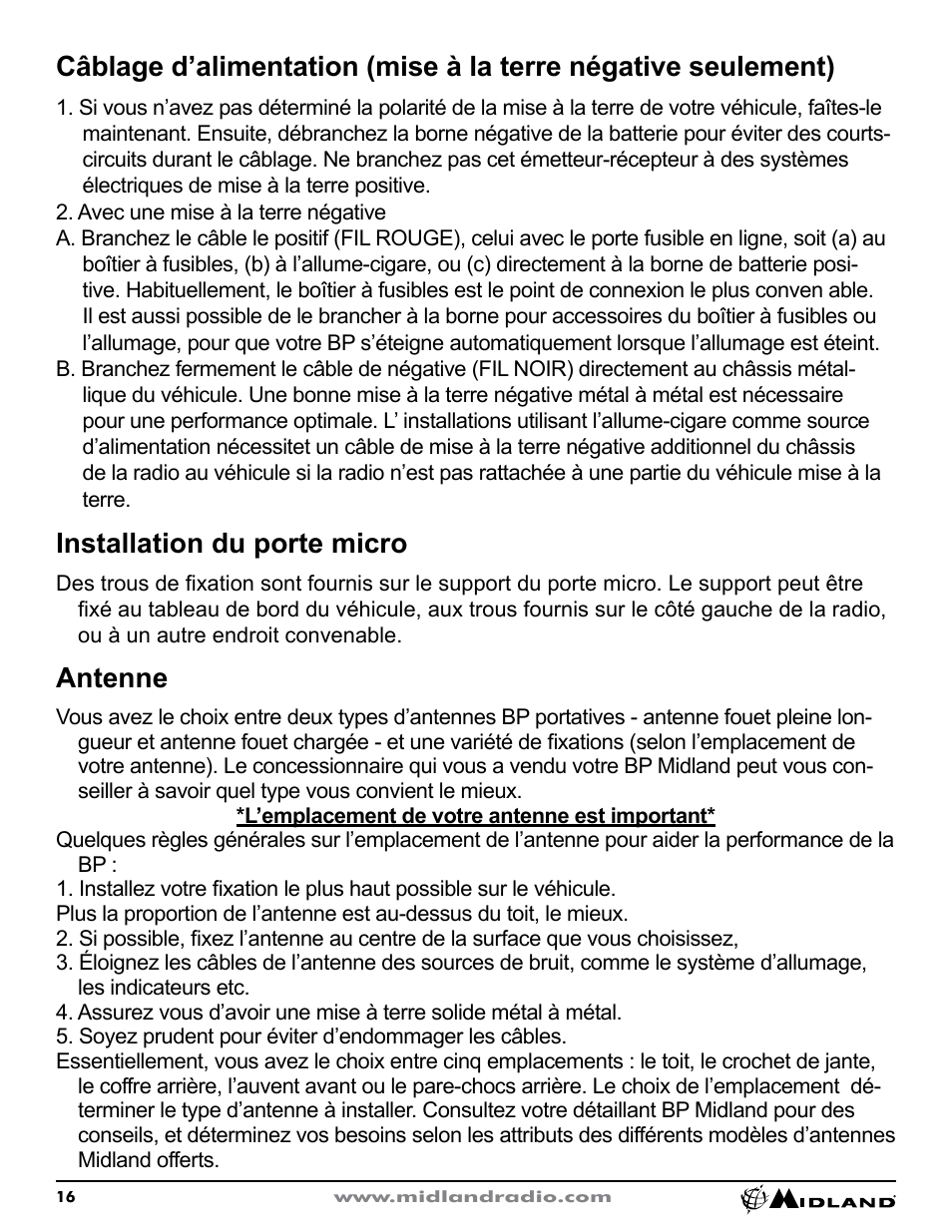 Installation du porte micro, Antenne | MIDLAND CB1 User Manual | Page 17 / 36
