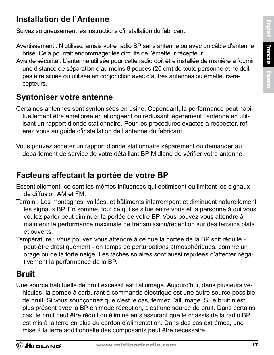 Syntoniser votre antenne, Bruit, Installation de l’antenne | Facteurs affectant la portée de votre bp | MIDLAND CB1 User Manual | Page 18 / 36