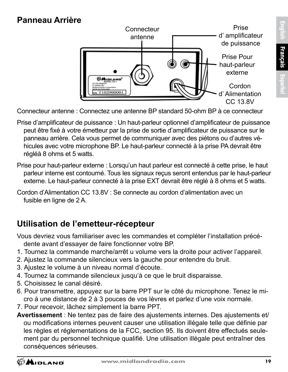 Panneau arrière, Utilisation de l’emetteur-récepteur | MIDLAND CB1 User Manual | Page 20 / 36