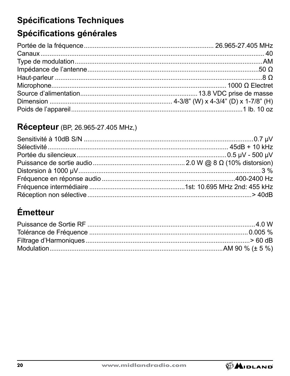 Spécifications techniques spécifications générales, Récepteur, Émetteur | MIDLAND CB1 User Manual | Page 21 / 36