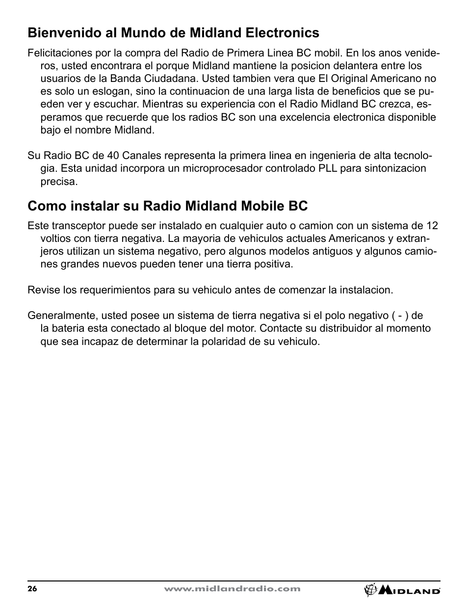 Bienvenido al mundo de midland electronics, Como instalar su radio midland mobile bc | MIDLAND CB1 User Manual | Page 27 / 36