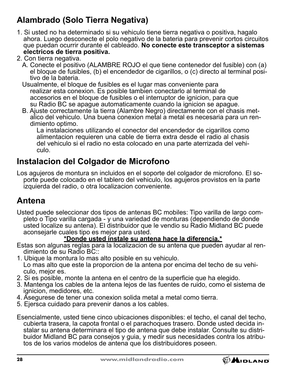 Alambrado (solo tierra negativa), Instalacion del colgador de microfono, Antena | MIDLAND CB1 User Manual | Page 29 / 36