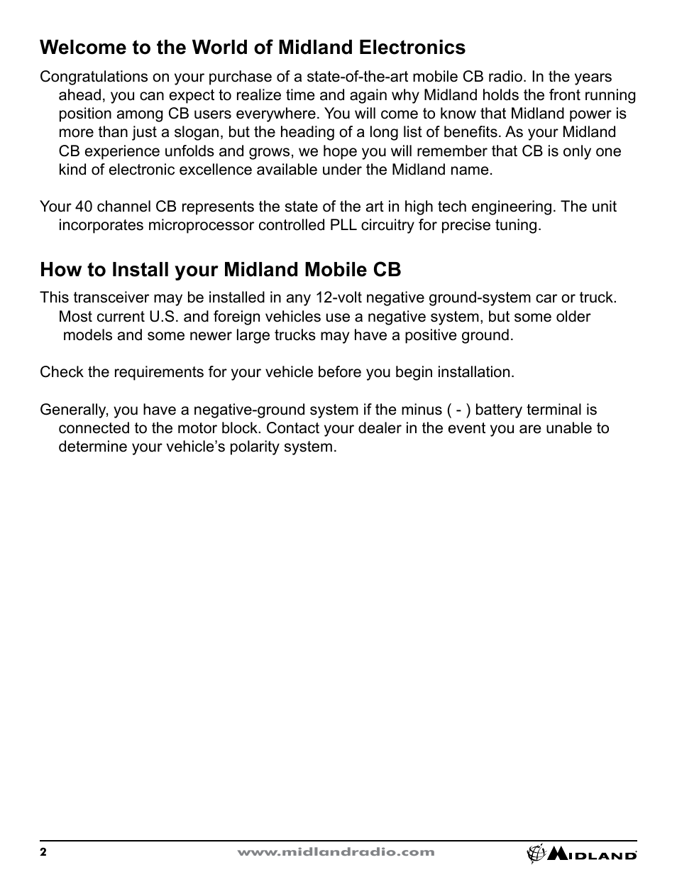 How to install, Welcome to the world of midland electronics, How to install your midland mobile cb | MIDLAND CB1 User Manual | Page 3 / 36