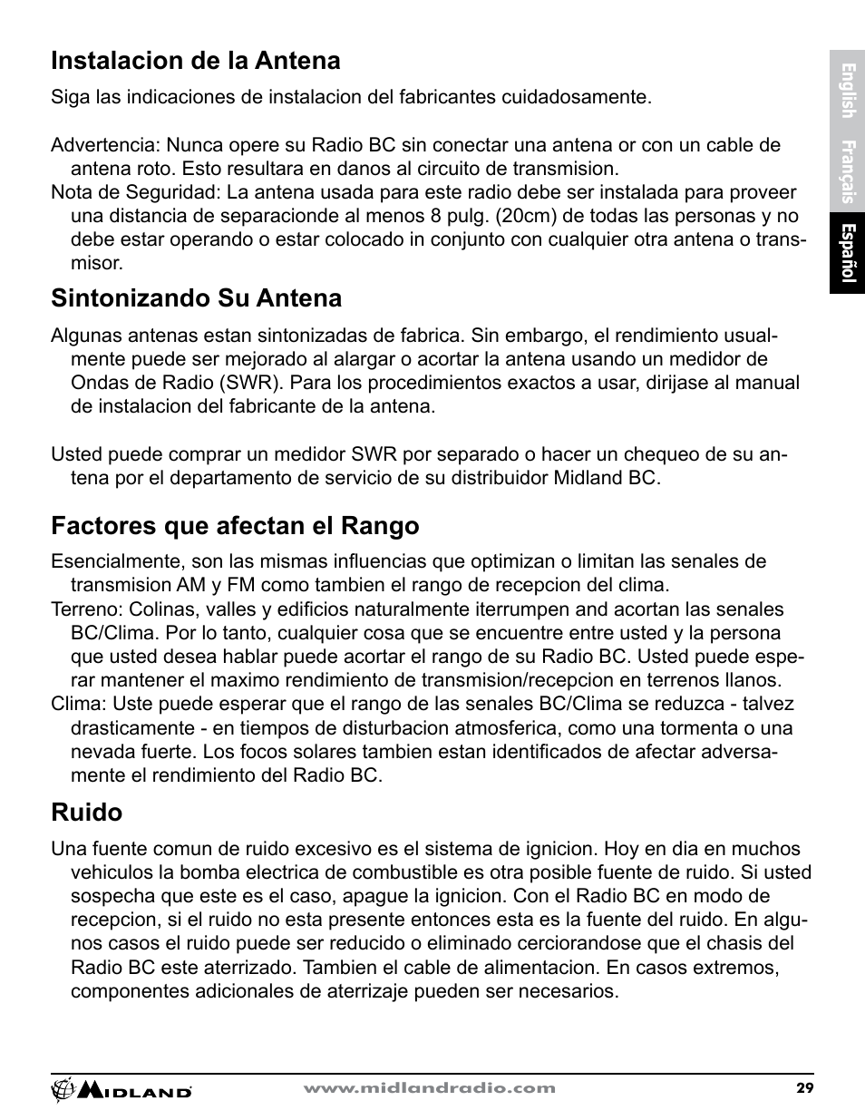 Instalacion de la antena, Sintonizando su antena, Factores que afectan el rango | Ruido | MIDLAND CB1 User Manual | Page 30 / 36