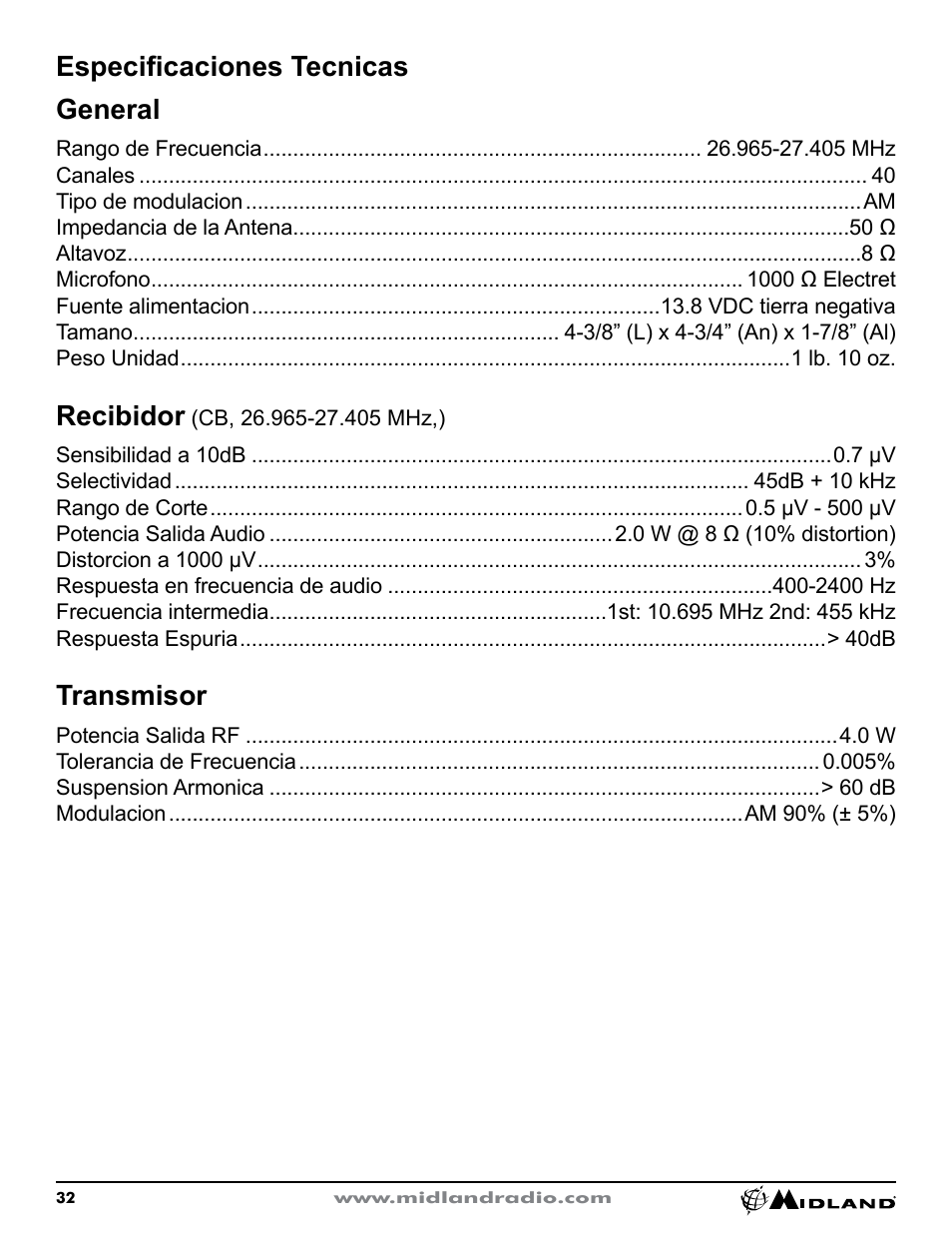 General, Especificaciones tecnicas, Recibidor | Especificaciones tecnicas general, Transmisor | MIDLAND CB1 User Manual | Page 33 / 36