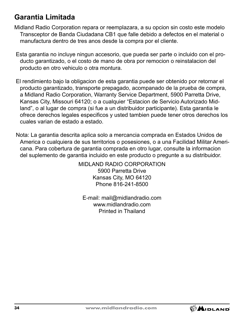 Garantia limitada | MIDLAND CB1 User Manual | Page 35 / 36