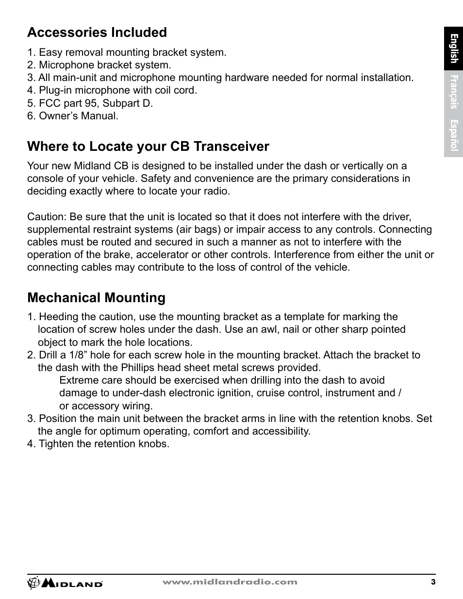 Accessories included, Mechanical mounting, Where to locate your cb transceiver | MIDLAND CB1 User Manual | Page 4 / 36