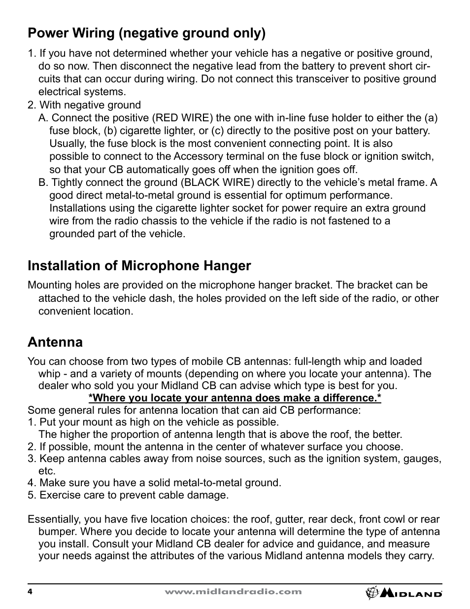 Power wiring (negative ground only), Installation of microphone hanger, Antenna | MIDLAND CB1 User Manual | Page 5 / 36