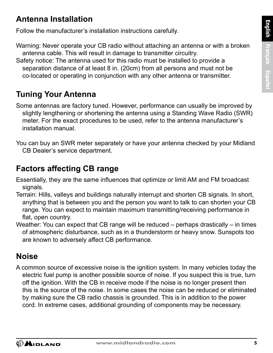 Antenna installation, Factors affecting cb range, Noise | Tuning your antenna | MIDLAND CB1 User Manual | Page 6 / 36