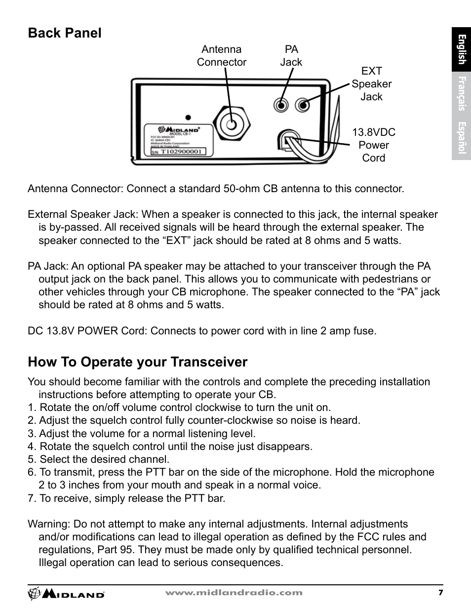 Back panel, How to operate your transceiver | MIDLAND CB1 User Manual | Page 8 / 36