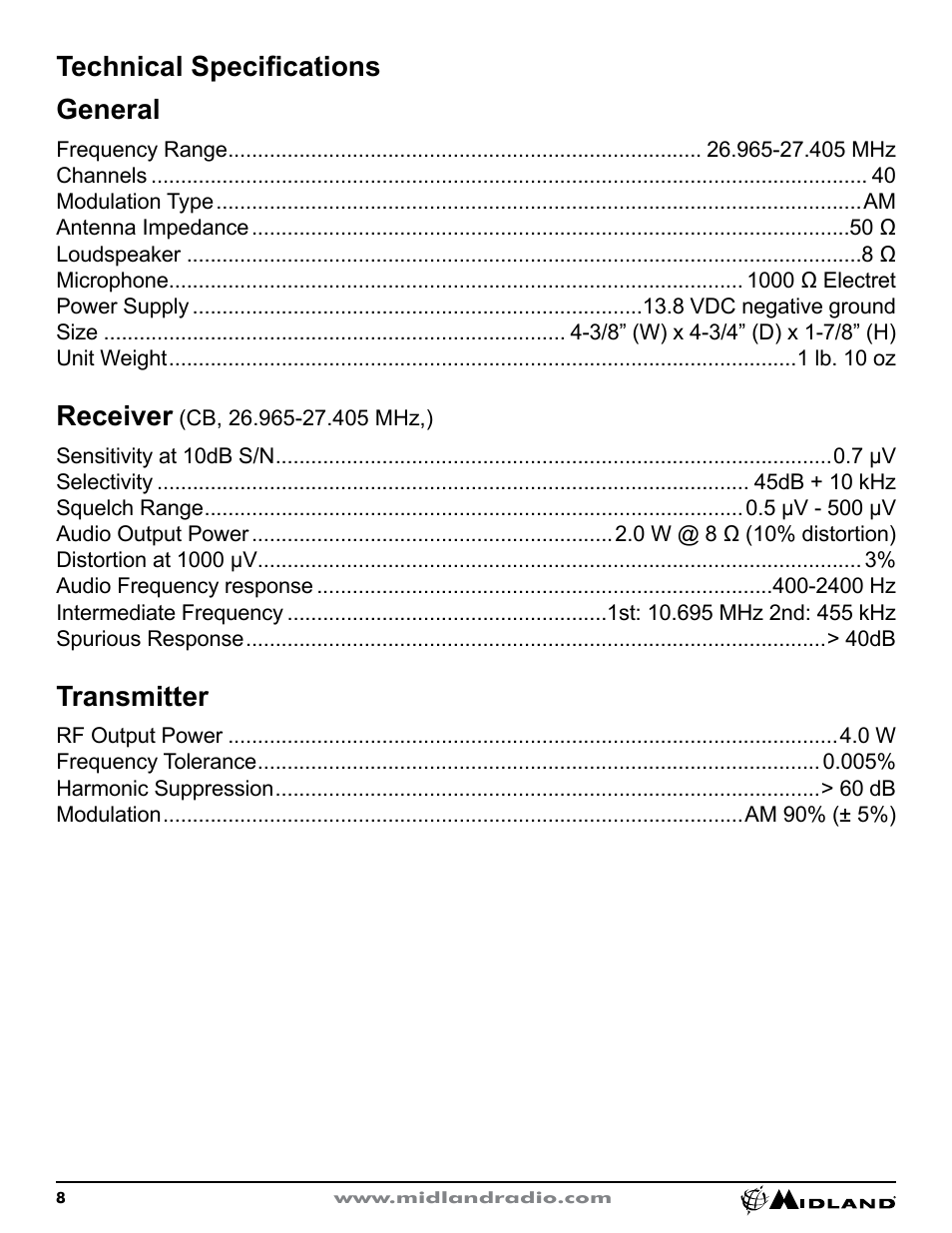 Technical specifications, Receiver, Technical specifications general | Transmitter | MIDLAND CB1 User Manual | Page 9 / 36