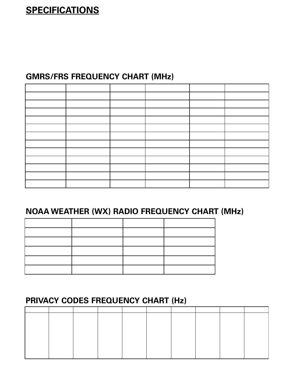 Specifications, Noaa weather (wx) radio frequency chart (mhz), Privacy codes frequency chart (hz) | MIDLAND LXT480 User Manual | Page 14 / 20