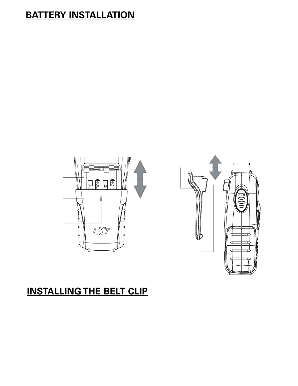 Battery installation, Installing the belt clip | MIDLAND LXT480 User Manual | Page 5 / 20