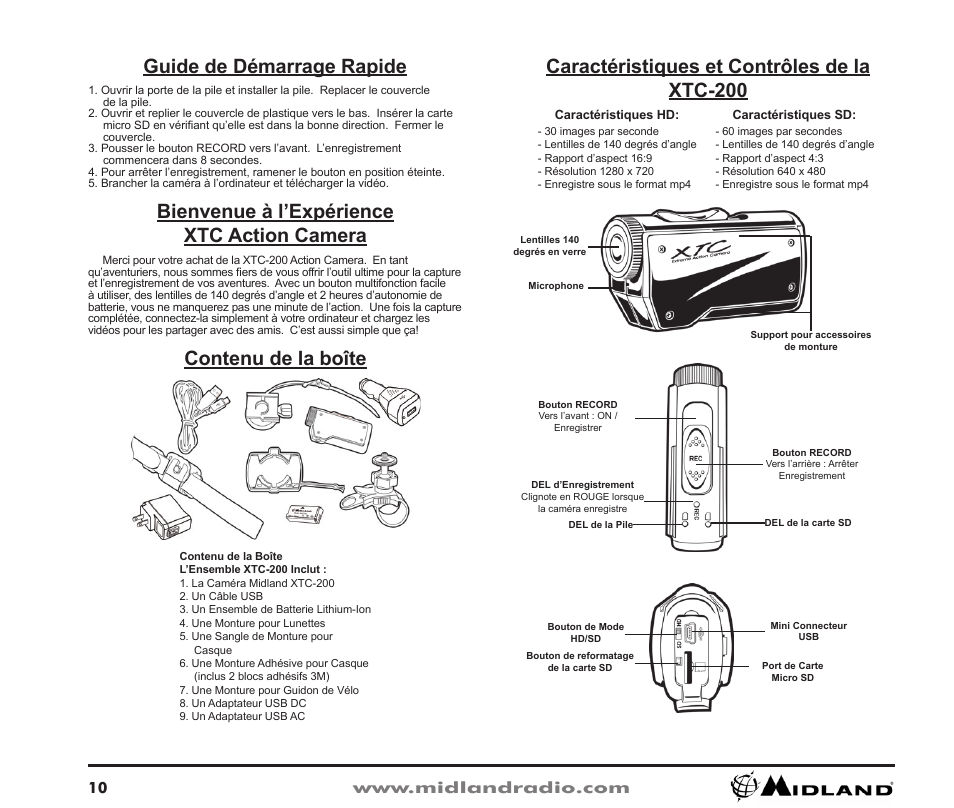 Caractéristiques et contrôles de la xtc-200, Contenu de la boîte, Guide de démarrage rapide | Bienvenue à l’expérience xtc action camera | Midland Radio XTC-200 User Manual | Page 11 / 28