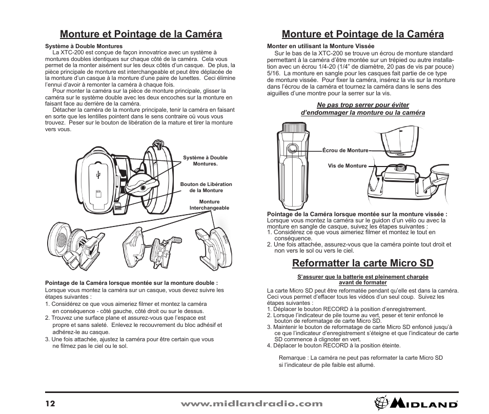 Monture et pointage de la caméra, Reformatter la carte micro sd | Midland Radio XTC-200 User Manual | Page 13 / 28