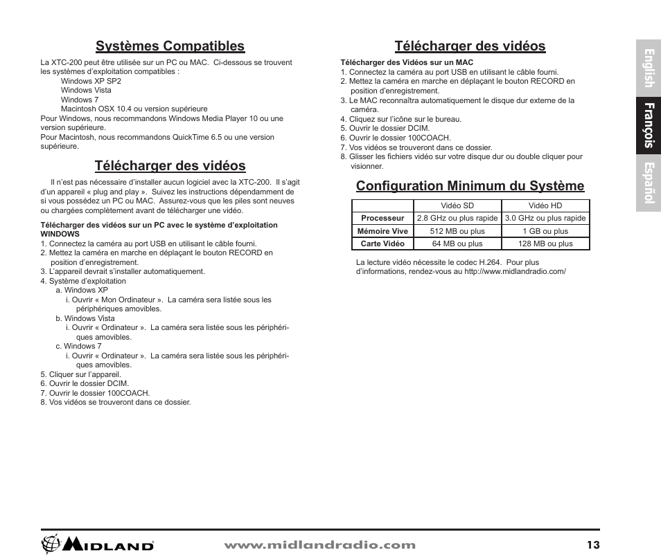 Systèmes compatibles, Télécharger des vidéos, Configuration minimum du système | English françois español | Midland Radio XTC-200 User Manual | Page 14 / 28