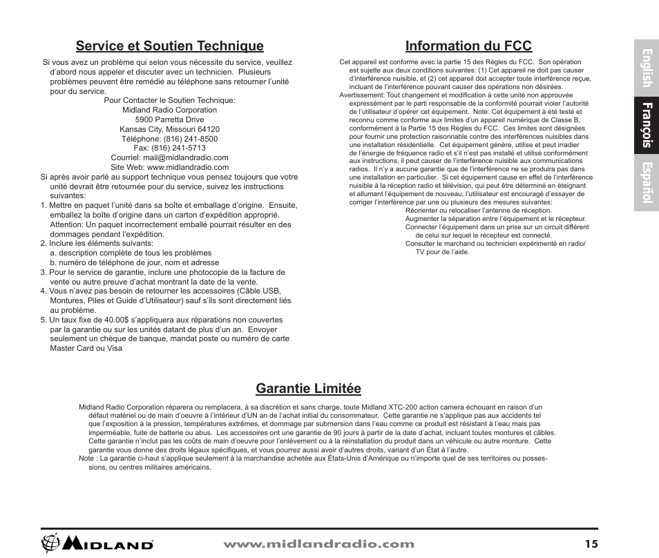 Service et soutien technique, Garantie limitée, Information du fcc | English françois español | Midland Radio XTC-200 User Manual | Page 16 / 28