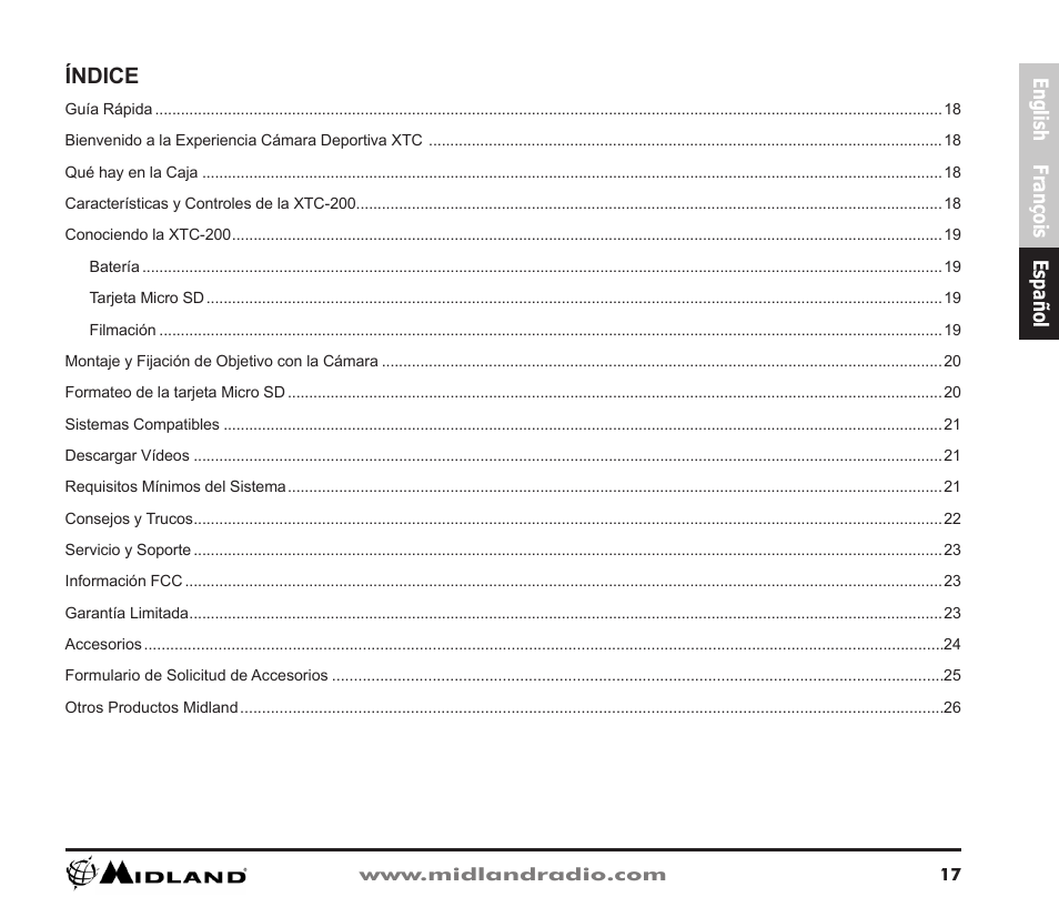 Español, Índice | Midland Radio XTC-200 User Manual | Page 18 / 28