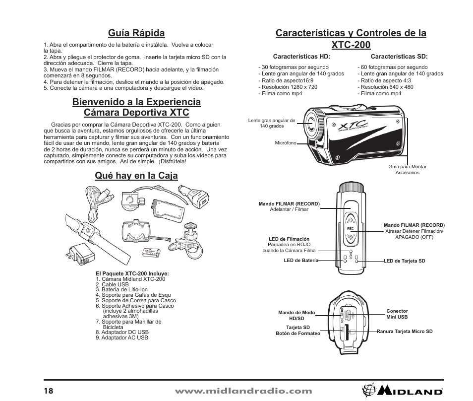 Características y controles de la xtc-200, Qué hay en la caja, Guía rápida | Bienvenido a la experiencia cámara deportiva xtc | Midland Radio XTC-200 User Manual | Page 19 / 28