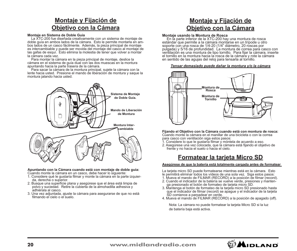 Montaje y fijación de objetivo con la cámara, Formatear la tarjeta micro sd | Midland Radio XTC-200 User Manual | Page 21 / 28
