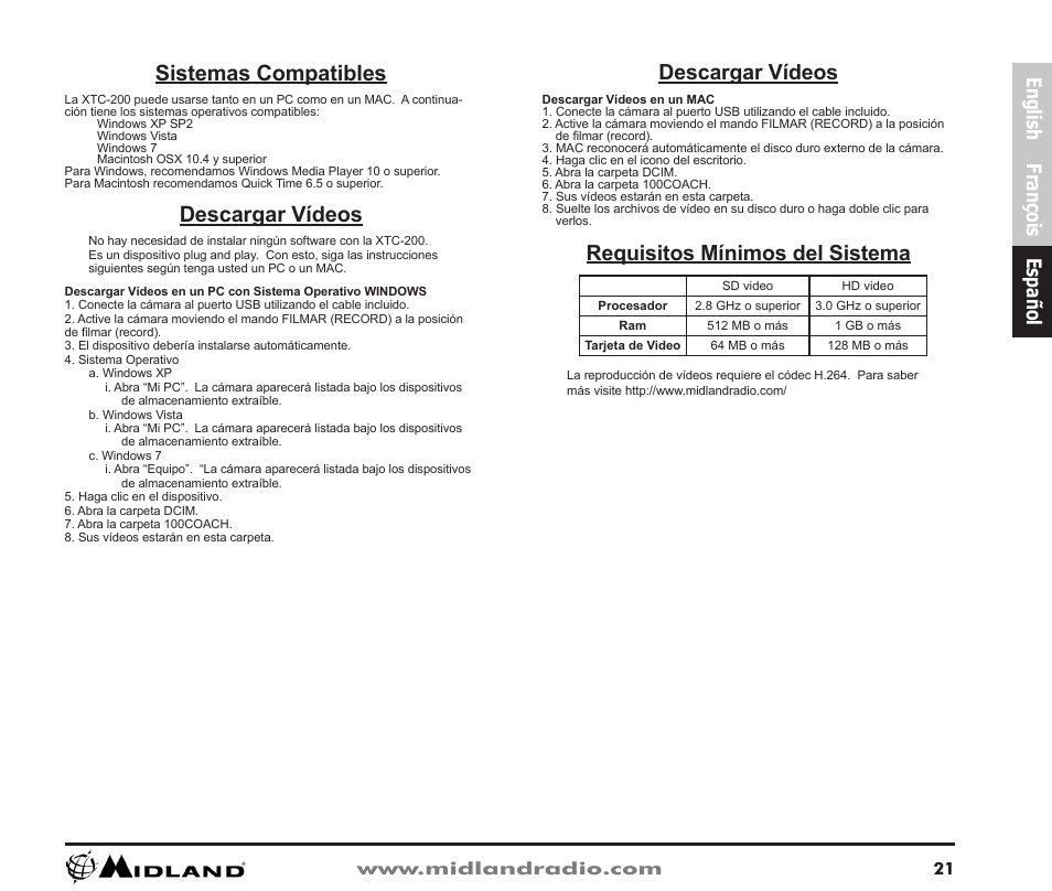 Descargar vídeos, Sistemas compatibles, Requisitos mínimos del sistema | English françois español | Midland Radio XTC-200 User Manual | Page 22 / 28