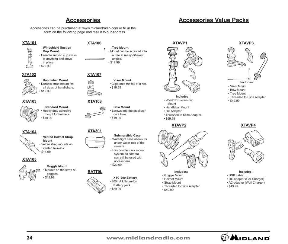 Accessories value packs, Accessories | Midland Radio XTC-200 User Manual | Page 25 / 28