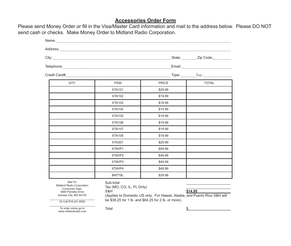 Accessories order form | Midland Radio XTC-200 User Manual | Page 26 / 28