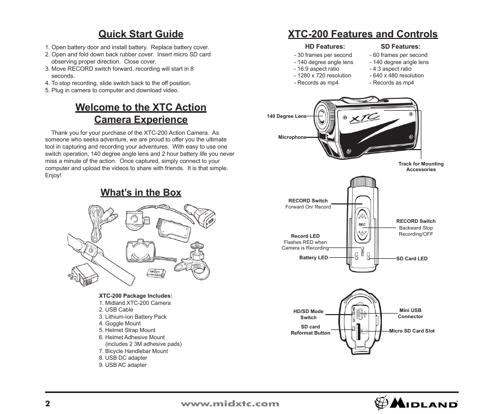 Xtc-200 features and controls, What’s in the box, Quick start guide | Welcome to the xtc action camera experience | Midland Radio XTC-200 User Manual | Page 3 / 28