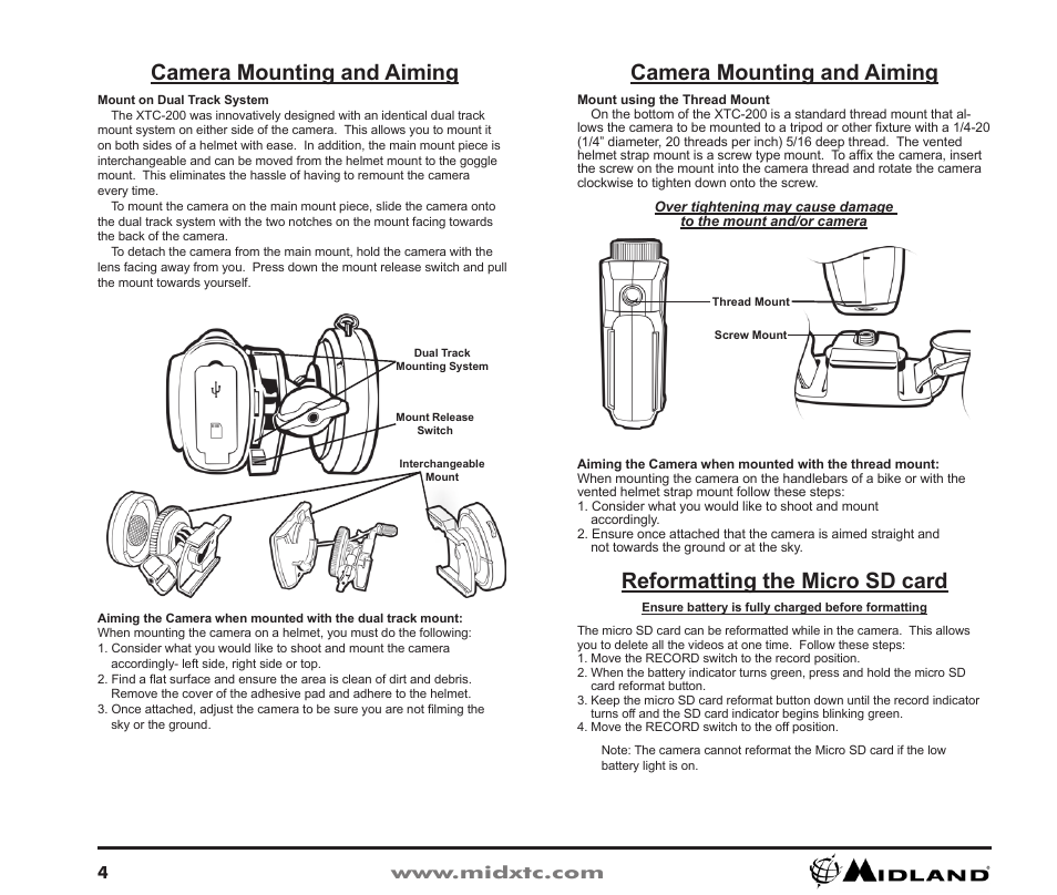 Camera mounting and aiming, Reformatting the micro sd card | Midland Radio XTC-200 User Manual | Page 5 / 28