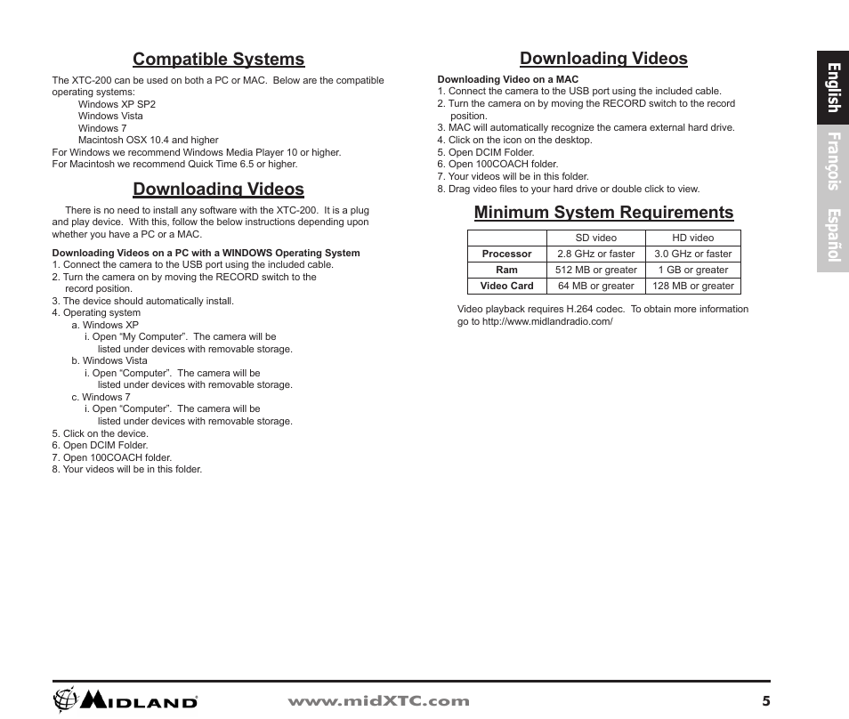 Downloading videos, Compatible systems, Minimum system requirements | English françois español | Midland Radio XTC-200 User Manual | Page 6 / 28